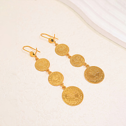Real 18K Gold Plated Brass Dangle Earrings for Women, Coins, Real 18K Gold Plated, 87x20mm