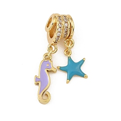 Medium Purple Brass Micro Pave Clear Cubic Zirconia Pendents, with Enamel, Sea Horse with Starfish Charms, Rack Plating, Long-Lasting Plated, Cadmium Free & Lead Free, Real 18K Gold Plated, Medium Purple, 29mm, Hole: 3mm