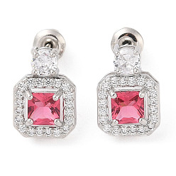 Бледно-фиолетовый Красный Серьги-гвоздики из латуни с микропаве из кубического циркония, долговечный, квадратный, платина, бледно-фиолетовый красный, 13.5x9.5 мм