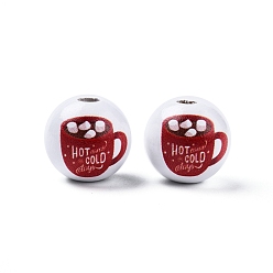 Drink Coffee Theme Printed Wooden Beads, Christmas, Round, Red, Drink Pattern, 15.5~16x15mm, Hole: 3.5mm