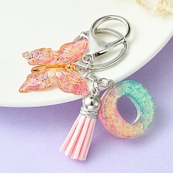 Letter O Resin & Acrylic Keychains, with Alloy Split Key Rings and Faux Suede Tassel Pendants, Letter & Butterfly, Letter O, 8.6cm