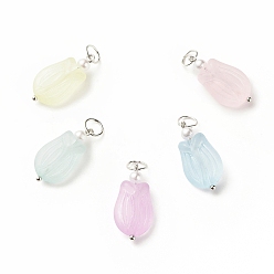Mixed Color Flower Transparent Acrylic Pendants, Frosted, with ABS Plastic Imitation Pearl and Iron Findings, Mixed Color, 22.5x11.5x7mm, Hole: 5mm