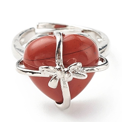 Red Jasper Natural Red Jasper Heart with Bowknot Adjustable Ring, Platinum Plated Brass Jewelry for Women, Cadmium Free & Lead Free, Inner Diameter: 16.7~21.2mm