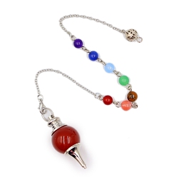 Carnelian Natural Carnelian Sphere Dowsing Pendulums, with Mxed Stone beads Chains, Detachable Round Charm, Cone, 180mm