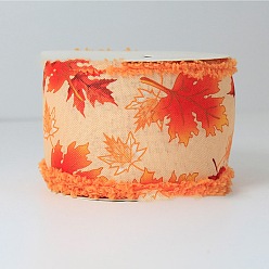 Leaf 6 Yards Thanksgiving Day Printed Polyester Fuzzy Edge Ribbons, Flat, Leaf, 2-1/2 inch(64mm)