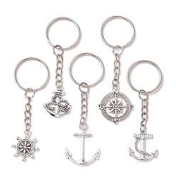Antique Silver Tibetan Style Alloy Keychain, Boat Anchor & Helm, Antique Silver, 7.5~8.2cm