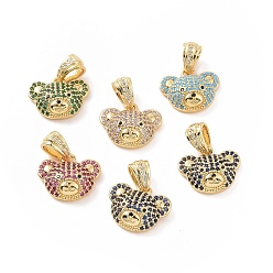 Mixed Color Brass Micro Pave Cubic Zirconia Pendants, Bear Head Charm, Golden, Mixed Color, 16x13x5.5mm, Hole: 6.5x3.5mm