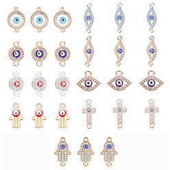 Mixed Color Alloy Rhinestone Links connectors, with Enamel and Rhinestone, Evil Eye, Mixed Color, 74x72x17mm