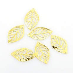 Golden Leaf Iron Pendants, Etched Metal Embellishments, Golden, 23.5x14x0.4mm, Hole: 1mm