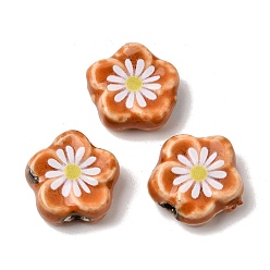 Dark Orange Glaze Daisy Flower Printed Porcelain Beads, Handmade Floral Ceramic Beads, Dark Orange, 15~16x15~16x5.5~6.5mm, Hole: 2mm