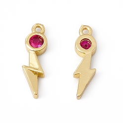Fuchsia Brass Micro Pave Cubic Zirconia Pendants, Real 18K Gold Plated, Lightning, Fuchsia, 13.5x4x2mm, Hole: 0.9mm