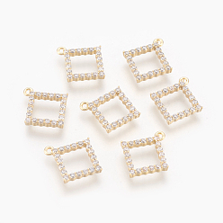 Real 18K Gold Plated Brass Micro Pave Cubic Zirconia Charms, Rhombus, Clear, Nickel Free, Real 18K Gold Plated, 15x13.5x2mm, Hole: 1mm