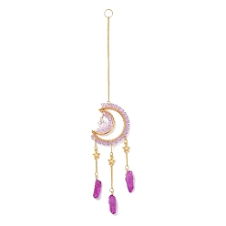 Hot Pink Moon Quartz Crystal Dyed Hanging Suncatcher Pendant Decoration, Crystal Ball Prism Pendants, with Brass & Iron Findings, Hot Pink, 300mm
