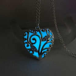 Cornflower Blue Alloy Heart Cage Pendant Necklace with Synthetic Luminaries Stone, Glow In The Dark Jewelry for Women, Silver, Cornflower Blue, 20.28 inch(51.5cm)