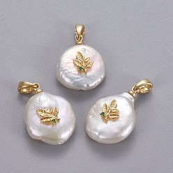 Green Natural Cultured Freshwater Pearl Pendants, with Brass Micro Pave Cubic Zirconia Findings, Nuggets with Leafy Branches, Long-Lasting Plated, Golden, Green, 17~27x12~16x6~12mm, Hole: 4x2.5mm