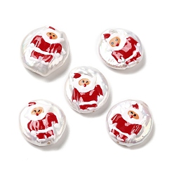 Santa Claus Baroque Style Natural Keshi Pearl Beads, Christmas Theme Beads with Enamel, Flat Round, Seashell Color, Santa Claus, 17~20x15~17x4~7mm, Hole: 0.7mm