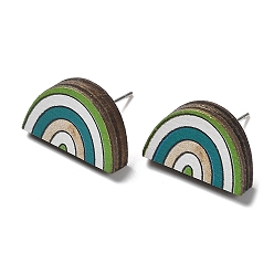 Green Printing Wood Stud Earrings for Women, with 316 Stainless Steel Pins, Rainbow, Green, 10.5x17mm
