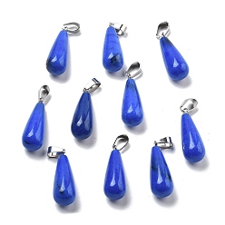 Белый Нефрит Натурального белого нефрита подвески, с защелкой из нержавеющей стали на поручнях, капля, окрашенные, 28~30x10~12 мм, отверстие : 6x4 мм