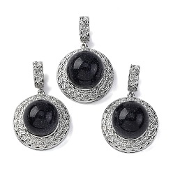 Синий Драгоценный Камень Синтетический синий авантюрин подвески, плоские круглые подвески из латуни с платиновым покрытием, стойки покрытие, долговечный, 35.5x22.5x15.5~16 мм, отверстие : 8x4 мм