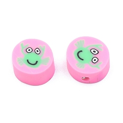 Pearl Pink Handmade Polymer Clay Beads, Flat Round with Crab Pattern, Pearl Pink, 9x4.5mm, Hole: 1.6mm