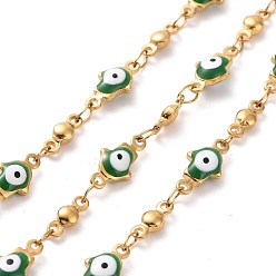 Green Enamel Hamsa Hand with Evil Eye Link Chains, with Ion Plating(IP) 304 Stainless Steel Findings, Golden, Unwelded, with Spool, Green, 11.5x5.5x3mm, 8x3x2mm