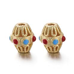 Red Matte Gold Color Brass Hollow Beads, with Enamel, Long-Lasting Plated, Bicone, Red, 10x9~10mm, Hole: 2mm