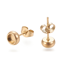 Golden Ion Plating(IP) 304 Stainless Steel Stud Earring Settings, with Ear Nuts, Flat Round, Golden, 6.5mm, Pin: 0.8mm, Tray: 4mm