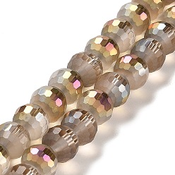 Tan Electroplate Glass Beads Strands, Rainbow Plated, Frosted and Faceted(96 Facets), Round, Tan, 9.5~10x9~9.5mm, Hole: 1.8mm, about 69~70pcs/strand, 24.57''(62.4~63.1cm)
