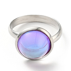 Лиловый K9 стеклянное плоское круглое кольцо на палец, 304 женские украшения из нержавеющей стали, цвет нержавеющей стали, сирень, размер США 7 3/4 (17.9 мм), кольцо поверхность: 14x7mm