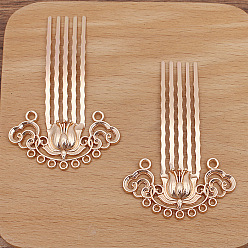 Light Gold Flower Alloy Hair Comb Findings, with Iron Comb and Loop, Light Gold, 61x38mm