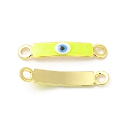 Yellow Brass Connector Charms, Curved Rectangle Links with Evil Eye Pattern, with Enamel, Real 18K Gold Plated, Long-Lasting Plated, Yellow, 30x5x2mm, Hole: 3mm