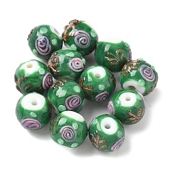 Средний Морско-зеленый Бусины ручной работы бусины золотого песка, круглая с цветком, средний морской зеленый, 12~13.5x10~11.5 мм, отверстие : 2 мм