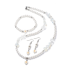 White Plastic Pearl Daisy Pendant Dangle Earrings & Stretch Bracelet & Pendant Necklace, Opalite Beaded Jewelry Set for Women, White, 538mm, 50.5mm, 53mm, Pin: 0.8mm