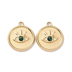 Malachite Synthetic Malachite Pendants, with Ion Plating(IP) Real 18K Gold Plated 304 Stainless Steel Findings, Flat Round Charm with Eyes, 21x18.5x3mm, Hole: 2.5mm