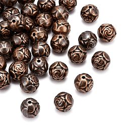 Red Copper Tibetan Style Alloy Round Carved Rose Beads, Cadmium Free & Nickel Free & Lead Free, Red Copper, 8.5mm, Hole: 1.5mm, about 490pcs/1000g