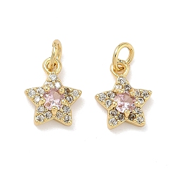 Розовый Латунные микро проложить кубического циркония подвески, звезды прелести, без свинца и без кадмия, стойки покрытие, долговечный, реальный 18 k позолоченный, туманная роза, 9x7.5x3 мм, Перейти кольцо: 4x0.8 мм, внутренний диаметр: 2.5 мм