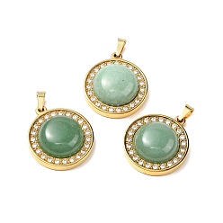 Green Aventurine Natural Green Aventurine Pendants, with Golden Tone 304 Stainless Steel and Crystal Rhinestone Findings, Half Round Charm, 24.5x21x8mm, Hole: 3.5x6mm