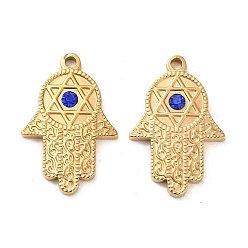 Real 14K Gold Plated 304 Stainless Steel Pendants, with Sapphire Rhinestone, Hamsa Hand with Star of David Charms, Real 14K Gold Plated, 28x19x3mm, Hole: 2.2mm