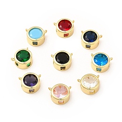 Mixed Color Rack Plating Brass Pave Cubic Zirconia Connector Charms, Cadmium Free & Lead Free, Real 18K Gold Plated, Flat Round Links, Mixed Color, 14x12x7mm, Hole: 1.2mm and 1.5mm
