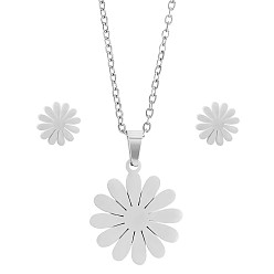 Stainless Steel Color 316 Surgical Stainless Steel Daisy Stud Earrings and Pendant Necklace, Jewelry Set for Women, Stainless Steel Color, 17.32 inch(440mm), 9.5mm, Pin: 0.8mm