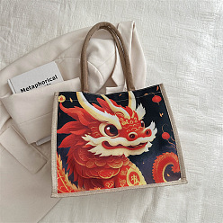 Red Ethnic Style Dragon Pattern Canvas Shoulder Bags, Women Bags, Rectangle, Red, 34x29x15.5cm