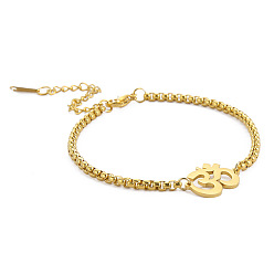 Golden Stainless Steel Om Aum Ohm Link Bracelet with Box Chains, Yoga Theme Jewelry for Men Women, Golden, 6-3/4 inch(17cm)