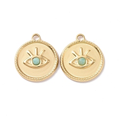 Amazonite Natural Amazonite Pendants, with Ion Plating(IP) Real 18K Gold Plated 304 Stainless Steel Findings, Flat Round Charm with Eyes, 21x18.5x3mm, Hole: 2.5mm