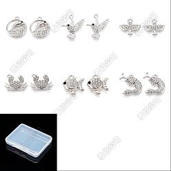 Platine 54 pcs 6 styles pendentifs en alliage de strass, sans plomb et sans cadmium, mélanges de forme, platine, 13.5~24x14~22x2~3mm, Trou: 1.6~2mm, 9 pcs / style