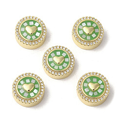 Бледно-Зеленый Латунные микро проложить кубического циркония бусы, с эмалью и ракушкой, долговечный, без свинца и без кадмия, реальный 18 k позолоченный, плоско-круглые с сердцем, бледно-зеленый, 12x5.5 мм, отверстие : 2 мм
