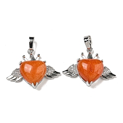 Красный Авантюрин Натуральный красный авантюрин с подвесками из прозрачного кубического циркония, Подвески в форме сердца и крыльев с фурнитурой из латуни с металлическим покрытием, платина, без кадмия и без свинца, 25x31.5x8.5~9 мм, отверстие : 7.9x5 мм