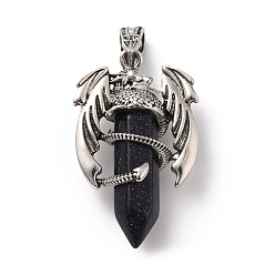 Blue Goldstone Synthetic Blue Goldstone Pointed Pendants, Faceted Bullet Charms, with Rack Plating Platinum Tone Alloy Dragon Findings, Cadmium Free & Lead Free, 39~41x24~25x13~14mm, Hole: 4x8mm
