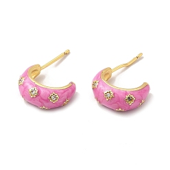 Hot Pink Brass Micro Pave Cubic Zirconia Stud Earrings with Enamel for Women, Real 18K Gold Plated, Lead Free & Cadmium Free, Hot Pink, 11x6x14mm, Pin: 0.8mm