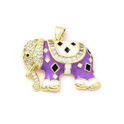 Фиолетовый Латунные микро проложить кубического циркония подвески, слон, с эмалью, без свинца и без кадмия, долговечный, стойки покрытие, реальный 18 k позолоченный, фиолетовые, 21x28x6 мм, отверстие : 3.5x4 мм