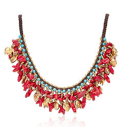 Red SHEGRACE Bib Necklaces, with Synthetic Turquoise Beads, Waxed Cord and Brass Beads, Golden, Red, 16.54 inch(42cm)